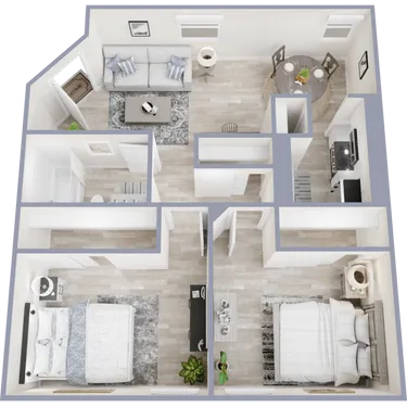 Two-bedroom 3D layout preview at Two Five Greenway Apartments.