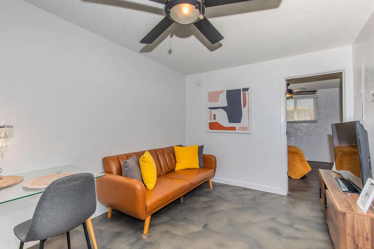 Furnished apartment living area shown — representative home at 32 Arcadia Apartments.