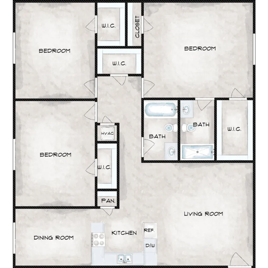 3 bed 2 bath floor plan
