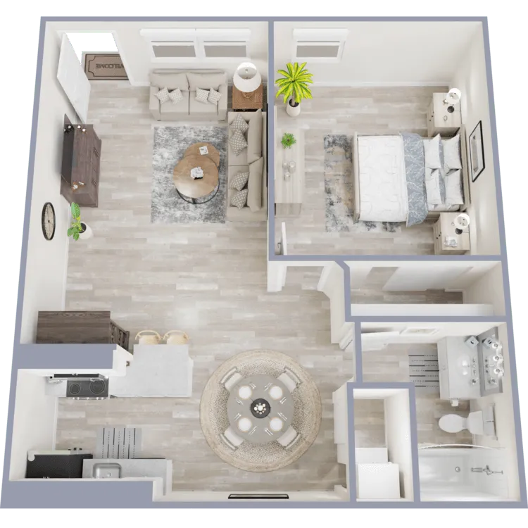 3D apartment layout preview at Two Five Greenway Apartments. Shown with the A1 layout.