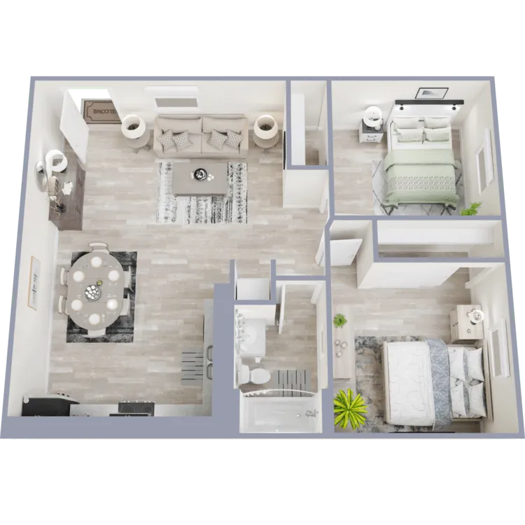 3D apartment layout preview at Two Five Greenway Apartments. Shown with the B1 layout.